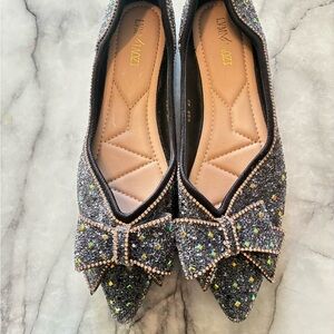 Elegant Black Glitter Bow Flats